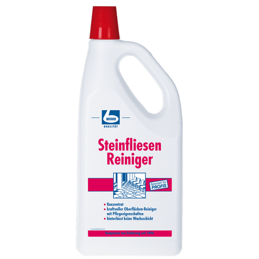 A white plastic bottle "Dr. Becher Tile Cleaner" with a red cap and red-blue label is intended for cleaning stone tiles. The label emphasizes professional quality and surface protection.