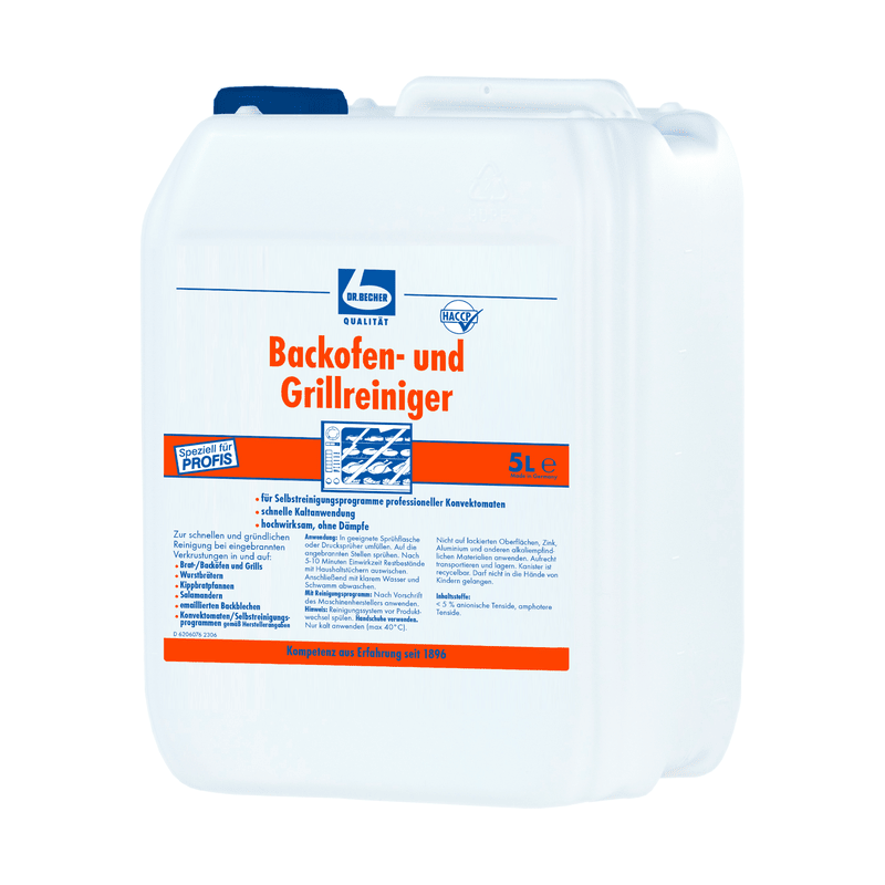 A white 5-liter plastic jug with "Dr. Becher Oven & Grill Cleaner" and a blue lid. The label is in German, blue, and features the brand name "Dr. Becher GmbH".