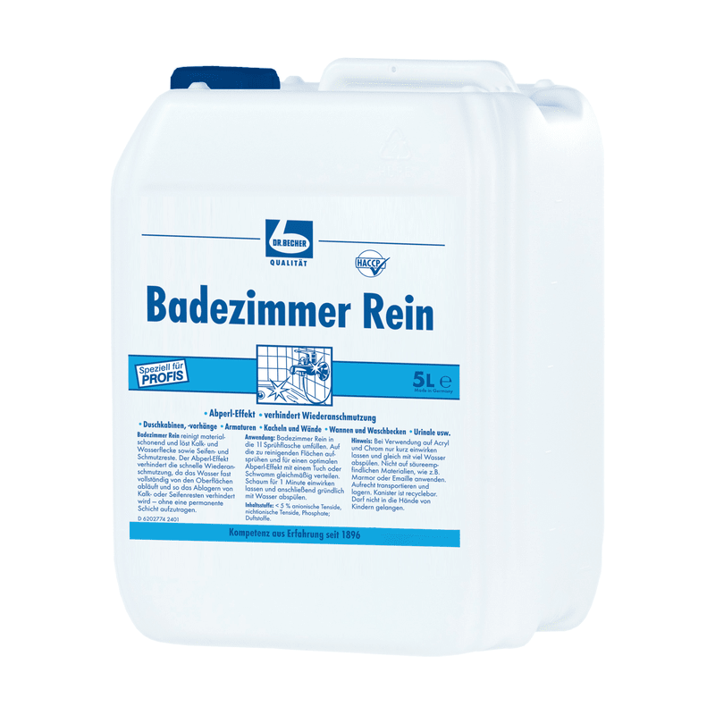 A 5-liter canister made of white plastic with the blue label "Dr. Becher Bathroom Cleaner," indicating a bathroom cleaner. On the front, various symbols and product information can be seen.