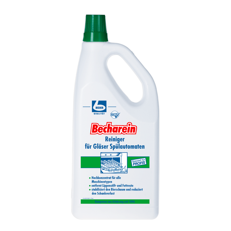 A bottle of „Dr. Becher GmbH Becharein Cleaner for glass washing machines“, a special dishwasher cleaner for glassware, with German labeling, a green cap, and a label with a