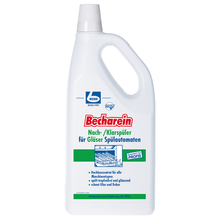 A plastic bottle with glass cleaner Dr. Becher Becharein Nach / Rinse aid for glass dishwashers with a white-green label featuring German text and an image of sparkling clean windows. The container has a handle for easy handling.
