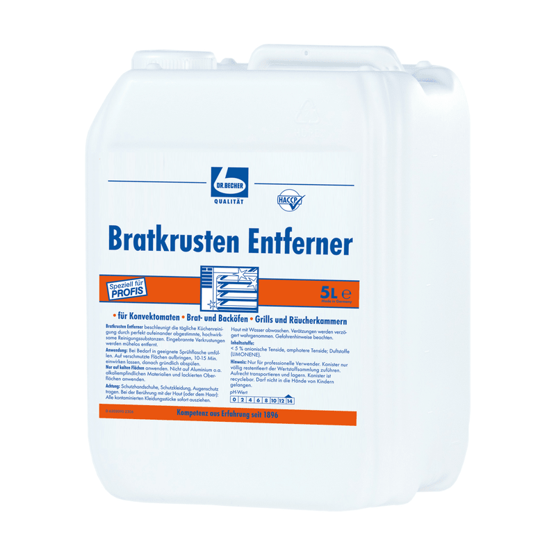 A white 5-liter plastic canister labeled "Dr. Becher Crust Remover" is prominently displayed and indicates its use as a professional cleaner for ovens, grills, and grates.
