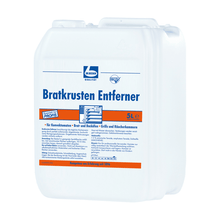 A white 5-liter plastic canister labeled "Dr. Becher Crust Remover" is prominently displayed and indicates its use as a professional cleaner for ovens, grills, and grates.