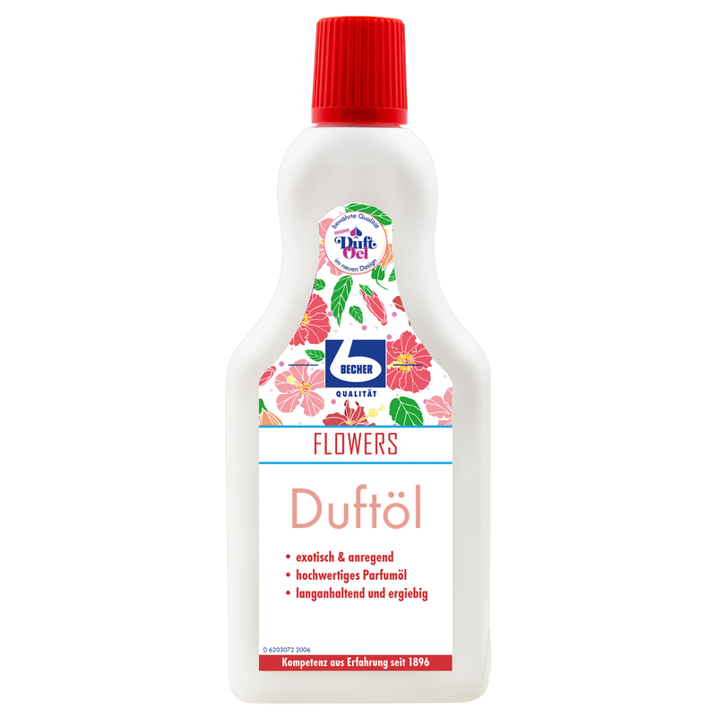 A bottle of "Dr. Becher fragrance oil" with a red cap and a label with floral graphics and text describing the product as exotic and aromatic high-quality perfume oil.