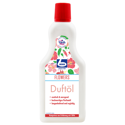 A bottle of "Dr. Becher fragrance oil" with a red cap and a label with floral graphics and text describing the product as exotic and aromatic high-quality perfume oil.
