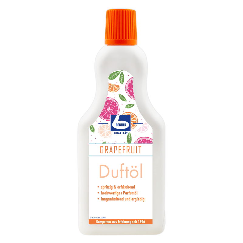 Bottle Dr. Becher fragrance oil detergent with grapefruit scent, colorful citrus fruit design on the label, orange cap, and white bottle with German text highlighting the features: "sparkling & refreshing" from Dr. Becher GmbH.
