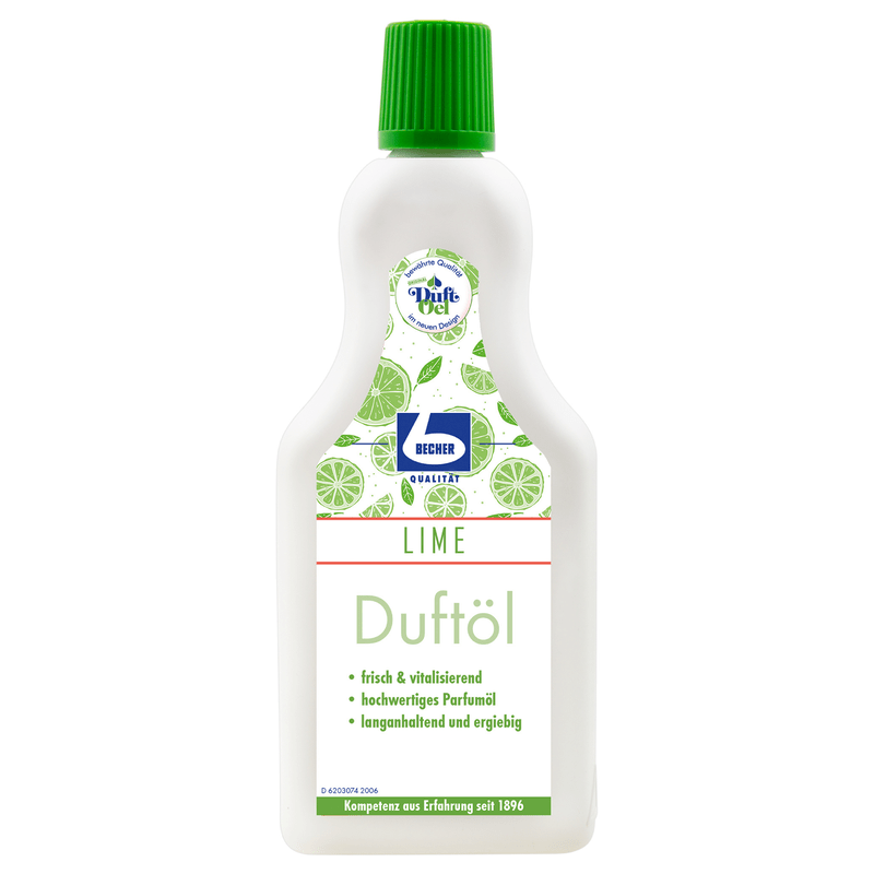 A bottle of Dr. Becher fragrance oil lime scent oil with a green cap. The label shows images of lime slices and mentions properties such as refreshing, high-quality perfume oil and long-lasting fragrance.