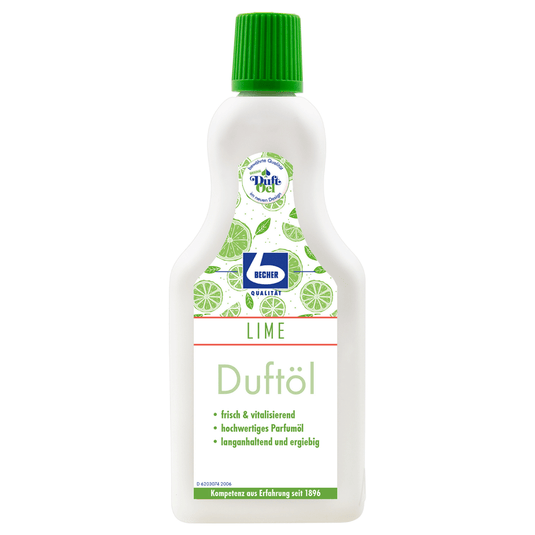 A bottle of Dr. Becher fragrance oil lime scent oil with a green cap. The label shows images of lime slices and mentions properties such as refreshing, high-quality perfume oil and long-lasting fragrance.