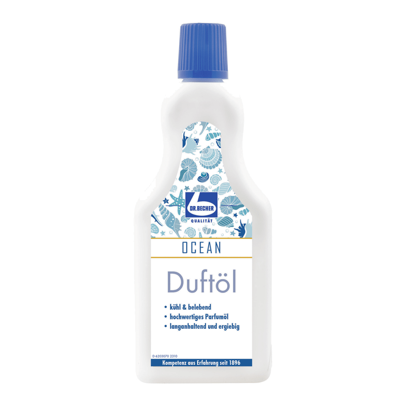 A plastic bottle with fabric softener Dr. Becher fragrance oil, with predominantly white label, blue text and decorative elements, and a blue cap. The label mentions features such as long-lasting freshness.