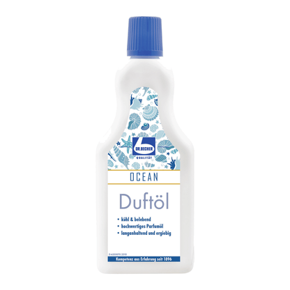 A plastic bottle with fabric softener Dr. Becher fragrance oil, with predominantly white label, blue text and decorative elements, and a blue cap. The label mentions features such as long-lasting freshness.