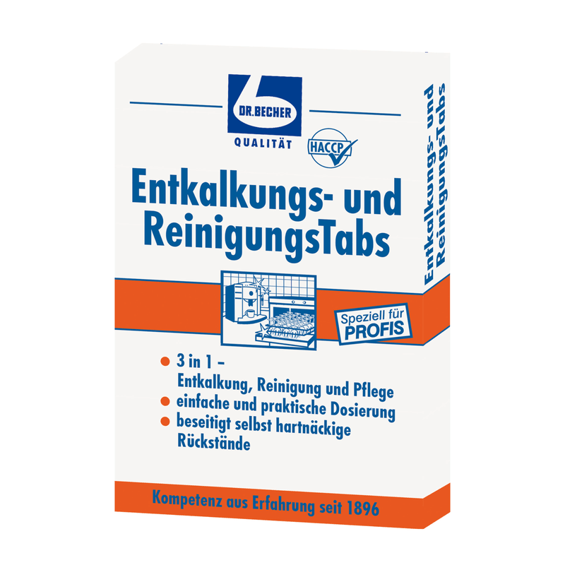 A product box for Dr. Becher descaling and cleaning tabs from Dr. Becher GmbH with German text, highlighted with orange and blue accents, as well as images of a dishwasher and a washing machine.