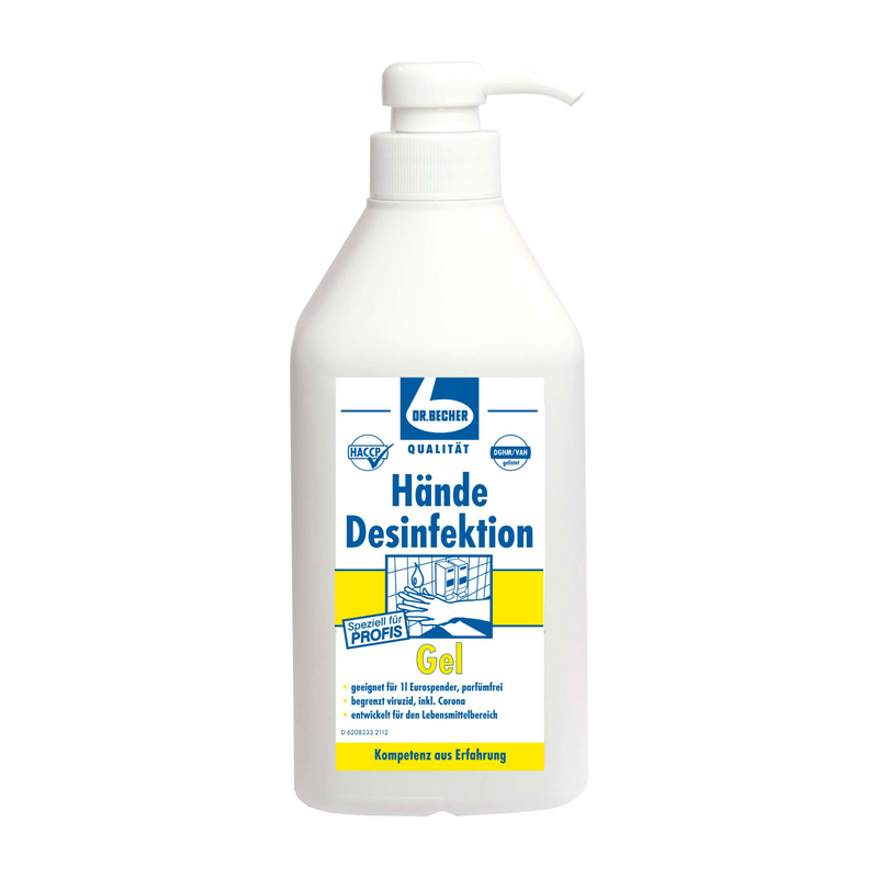 A bottle of hand sanitizer gel with dispenser from Dr. Becher GmbH with pump dispenser. The label is predominantly in blue and yellow and shows text and graphics indicating its use for professional hand hygiene.