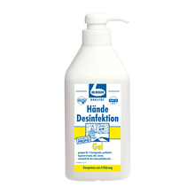 A bottle of hand sanitizer gel with dispenser from Dr. Becher GmbH with pump dispenser. The label is predominantly in blue and yellow and shows text and graphics indicating its use for professional hand hygiene.