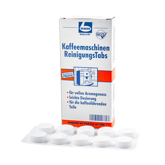 A box of Dr. Becher coffee machine cleaning tablets next to seven white cleaning tablets, which are designed for professional coffee machines to improve the aroma by removing oily residues from the components.