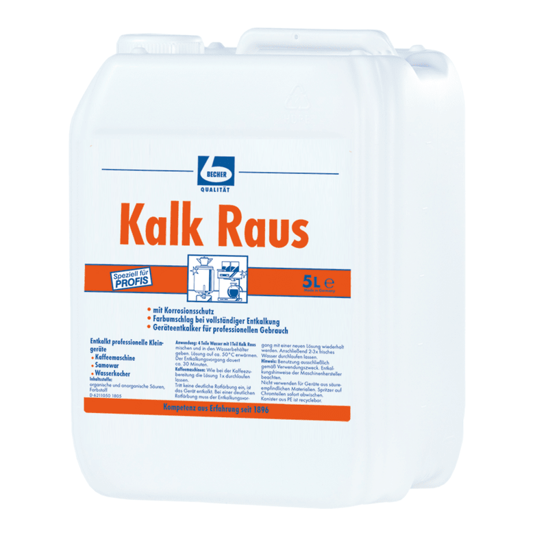 A white plastic jug with the label “Dr. Becher Limescale Away Limescale Remover for Kitchen Appliances” contains 5 liters of a professional descaler with blue and orange branding as well as illustrations with application instructions.