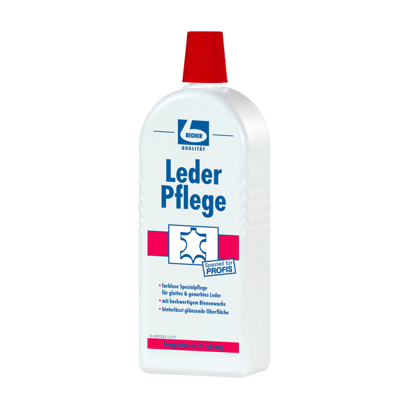 A bottle of the leather care product Dr. Becher Leather Care in white design with a red cap and predominantly German text, including instructions for use and listed benefits.