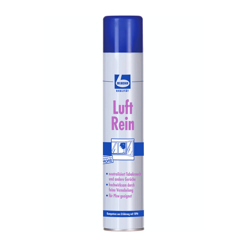 A cylindrical aerosol can with the label „Dr. Becher Air Clean Aerosol“ and a blue cap. The can is white with blue and black text and shows symbols for odor neutralization, freshness improvement, and.