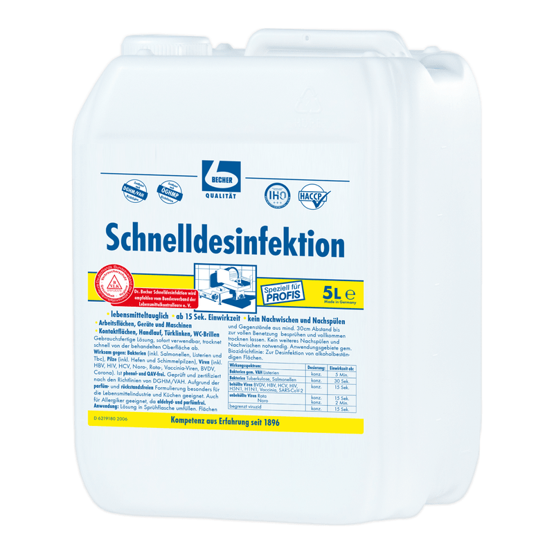 A 5-liter canister of disinfectant solution Dr. Becher rapid disinfectant with multiple labels and instructions in German indicating its use for medical and general disinfection purposes.