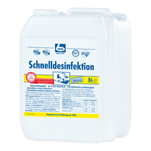 A 5-liter canister of disinfectant solution Dr. Becher rapid disinfectant with multiple labels and instructions in German indicating its use for medical and general disinfection purposes.