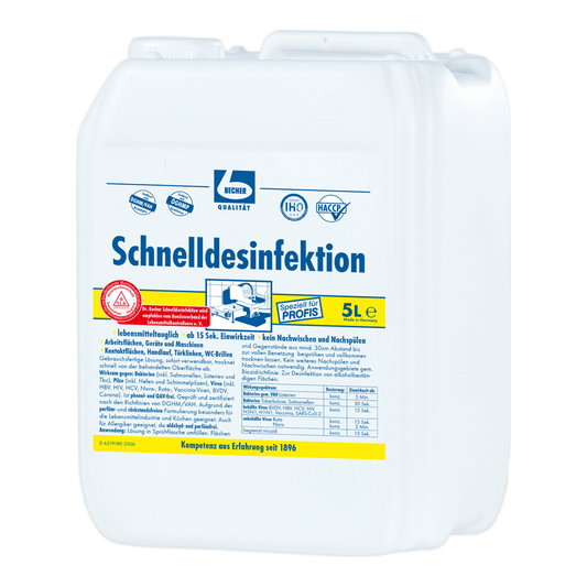 A 5-liter canister of disinfectant solution Dr. Becher rapid disinfectant with multiple labels and instructions in German indicating its use for medical and general disinfection purposes.
