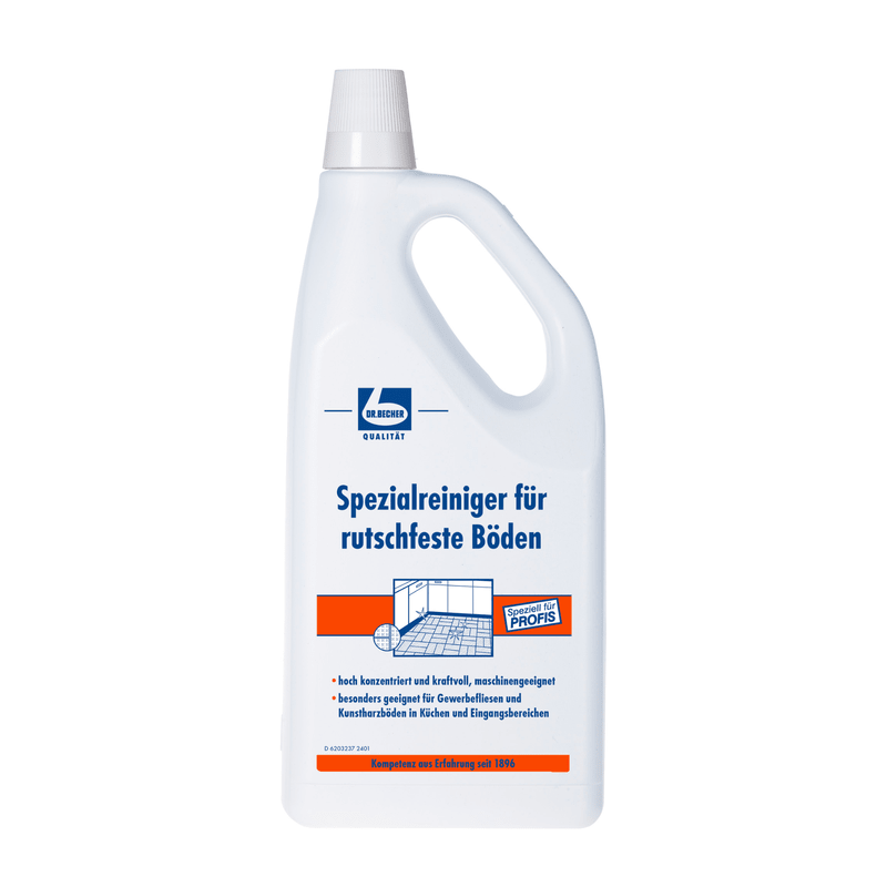 A white 2-ml plastic bottle with a handle and blue cap labeled "Dr. Becher special cleaner for non-slip floors" from Dr. Becher GmbH for cleaning non-slip ceramic tile floors shows text and the image of a cleaned tile floor.