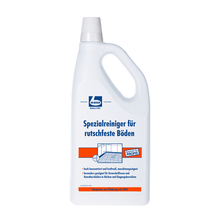 A white 2-ml plastic bottle with a handle and blue cap labeled "Dr. Becher special cleaner for non-slip floors" from Dr. Becher GmbH for cleaning non-slip ceramic tile floors shows text and the image of a cleaned tile floor.