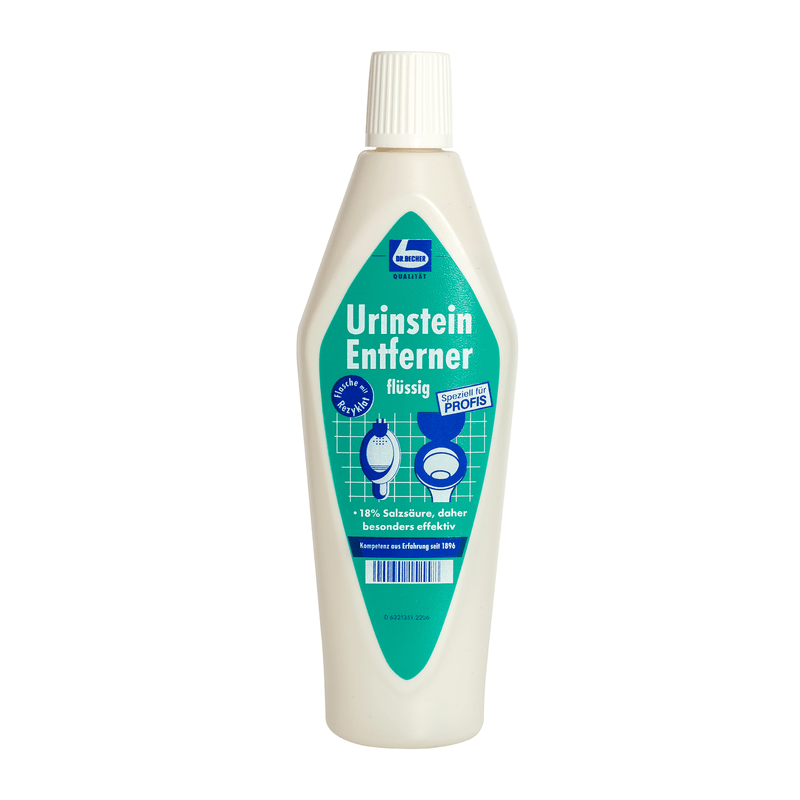 A bottle of Dr. Becher urine scale remover, a liquid descaler with an 18% hydrochloric acid formula, developed for cleaning sanitary facilities such as toilets and urinals, was on