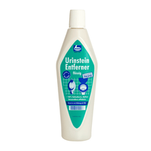 A bottle of Dr. Becher urine scale remover, a liquid descaler with an 18% hydrochloric acid formula, developed for cleaning sanitary facilities such as toilets and urinals, was on