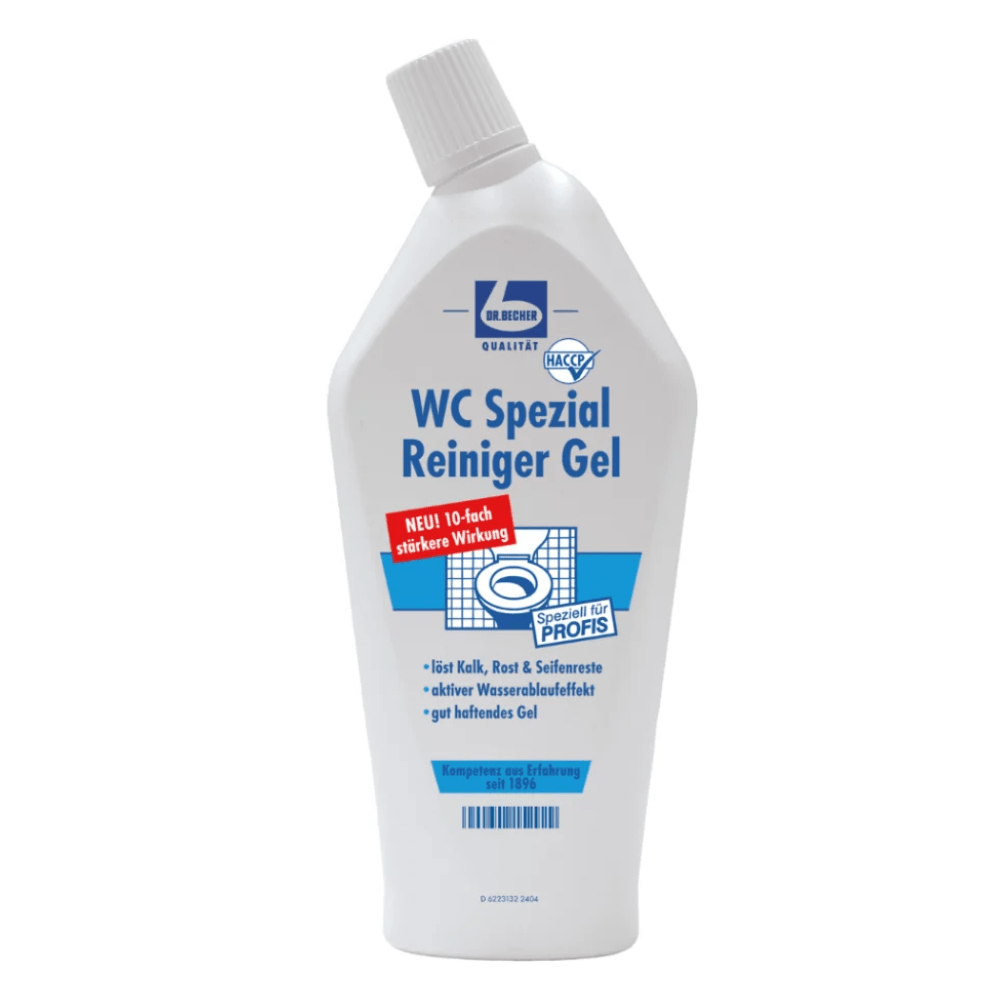 A white plastic bottle Dr. Becher WC Special Cleaner Gel by Dr. Becher GmbH with an angled cap and a label with blue and red text, promoting hygienic cleanliness and increased effectiveness for professional use, including the function "Remove Lime", which emphasizes the German engineering of the product.