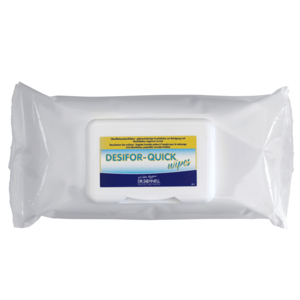 A pack of Dr. Schnell DESIFOR-QUICK WIPES disinfectant wipes by DR.SCHNELL GmbH & Co. KGaA. The white, HACCP-compliant packaging is equipped with a blue and yellow label. These aldehyde-free wipes feature a resealable lid for added convenience and freshness and contain 80 wipes per pack.