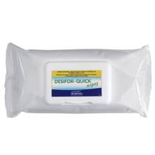 A pack of Dr. Schnell DESIFOR-QUICK WIPES disinfectant wipes by DR.SCHNELL GmbH & Co. KGaA. The white, HACCP-compliant packaging is equipped with a blue and yellow label. These aldehyde-free wipes feature a resealable lid for added convenience and freshness and contain 80 wipes per pack.