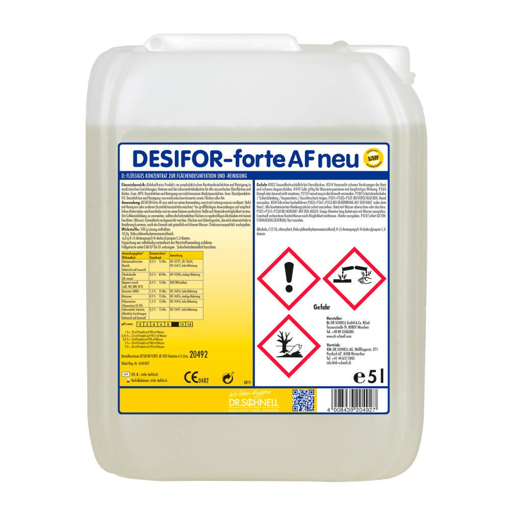 A 5-liter container of Dr. Schnell Desifor-forte AF new surface disinfectant from DR.SCHNELL GmbH & Co. KGaA is labeled with detailed product information and safety instructions, including hazard symbols for health risk, aquatic toxicity, and flammability.
