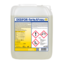 A 5-liter container of Dr. Schnell Desifor-forte AF new surface disinfectant from DR.SCHNELL GmbH & Co. KGaA is labeled with detailed product information and safety instructions, including hazard symbols for health risk, aquatic toxicity, and flammability.