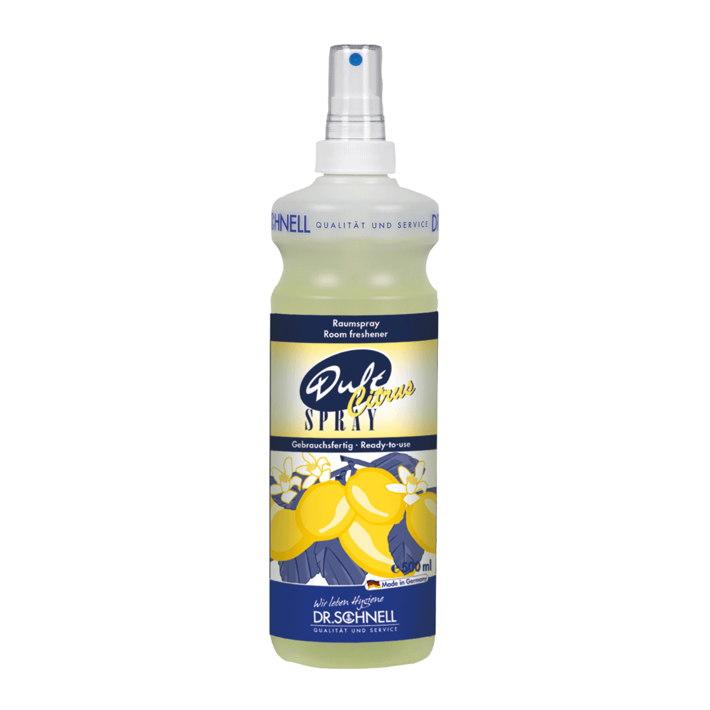 A 500 ml spray bottle of DR.SCHNELL Citrus Air Freshener by DR.SCHNELL GmbH & Co. KGaA, with a fresh lemon scent and a bilingual (German/English) label with a citrus motif and a white spray head.