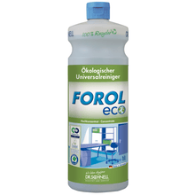 The Dr. Schnell Forol ECO ecological universal cleaner 1-liter bottle in green-blue environmentally friendly design is labeled as an ecological universal cleaner. Manufactured by DR.SCHNELL GmbH & Co. KGaA with innovative dosing technology, this 1-liter bottle is made from 100% recycled material and is ideal for cleaning water-resistant surfaces.