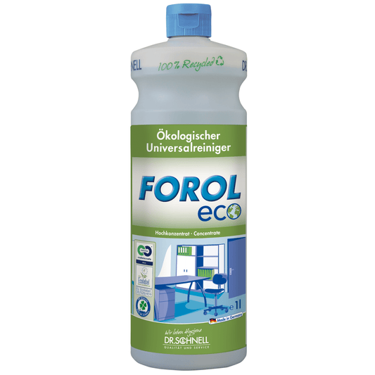 The Dr. Schnell Forol ECO ecological universal cleaner 1-liter bottle in green-blue environmentally friendly design is labeled as an ecological universal cleaner. Manufactured by DR.SCHNELL GmbH & Co. KGaA with innovative dosing technology, this 1-liter bottle is made from 100% recycled material and is ideal for cleaning water-resistant surfaces.