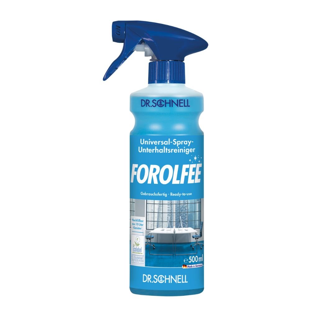 A blue-white spray bottle with the label "Dr. Schnell ForolFee Universal Cleaner, ready to use for surfaces" from DR.SCHNELL GmbH & Co. KGaA holds 500 ml and shows a clean bathroom image on its label.