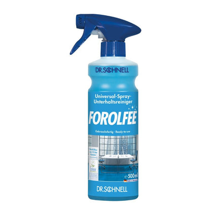 A blue-white spray bottle with the label "Dr. Schnell ForolFee Universal Cleaner, ready to use for surfaces" from DR.SCHNELL GmbH & Co. KGaA holds 500 ml and shows a clean bathroom image on its label.