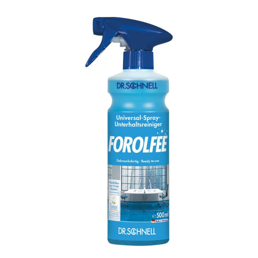 A blue-white spray bottle with the label "Dr. Schnell ForolFee Universal Cleaner, ready to use for surfaces" from DR.SCHNELL GmbH & Co. KGaA holds 500 ml and shows a clean bathroom image on its label.