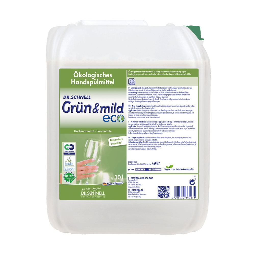 A white container labeled "Dr. Schnell GRÜN & MILD ECO economical ecological hand dishwashing detergent" by DR.SCHNELL GmbH & Co. KGaA displays product details, certifications such as the HACCP certification, and a wine glass graphic. This mild hand dishwashing detergent container holds 10 liters of liquid.