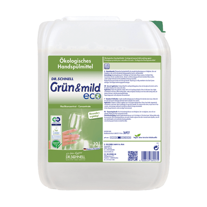 A white container labeled "Dr. Schnell GRÜN & MILD ECO economical ecological hand dishwashing detergent" by DR.SCHNELL GmbH & Co. KGaA displays product details, certifications such as the HACCP certification, and a wine glass graphic. This mild hand dishwashing detergent container holds 10 liters of liquid.