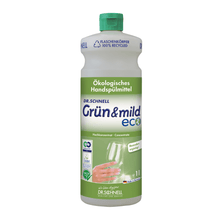 Dr. Schnell GRÜN & MILD ECO economical ecological hand dishwashing detergent is available in a white-green plastic bottle. The label shows a hand washing a wine glass and German text highlighting the ecological benefits and skin-friendly properties. The bottle, manufactured by DR.SCHNELL GmbH & Co. KGaA, features a green cap with HACCP certification.