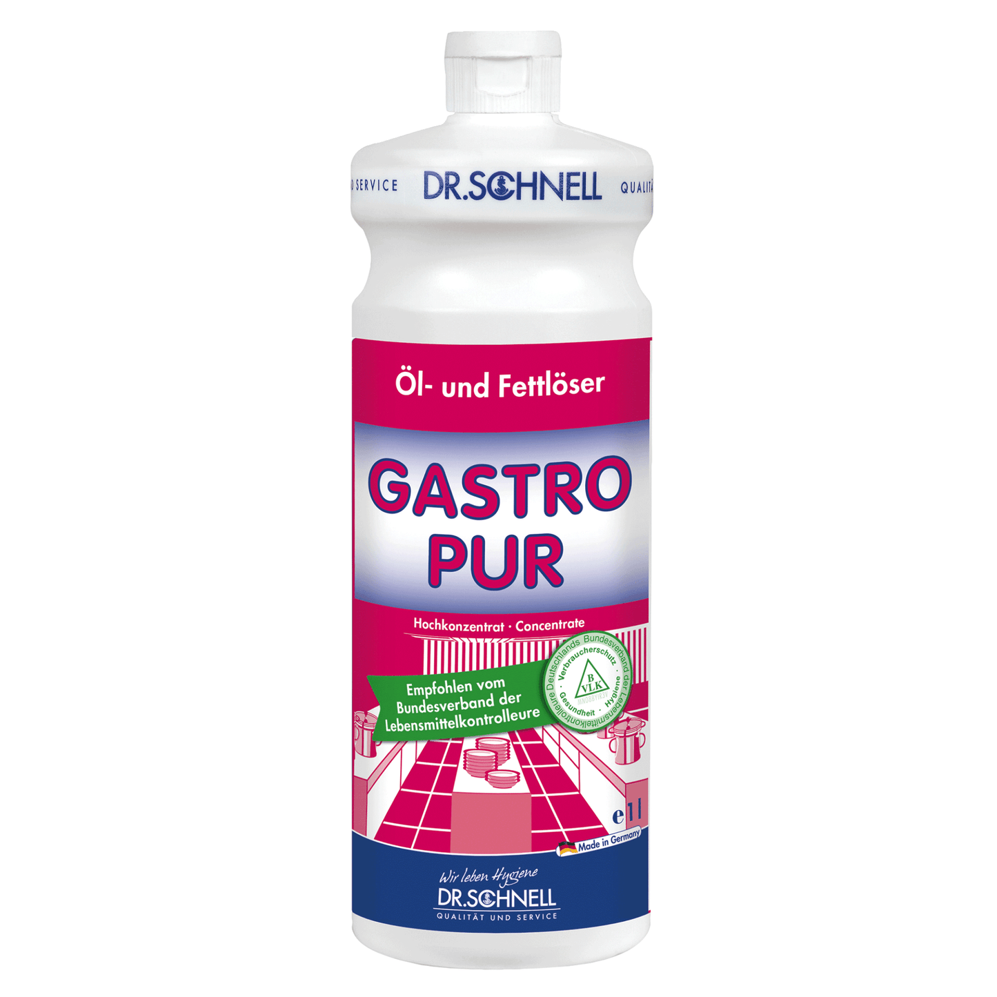 The displayed product is Dr. Schnell Gastro Pur oil and grease remover from DR.SCHNELL GmbH & Co. KGaA, which was specially developed for food processing businesses. The label highlights the HACCP certification and the strong oil and grease dissolving power. With its pink-white design featuring kitchen graphics, it clearly indicates approval by food inspectors.