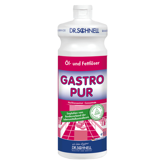 The displayed product is Dr. Schnell Gastro Pur oil and grease remover from DR.SCHNELL GmbH & Co. KGaA, which was specially developed for food processing businesses. The label highlights the HACCP certification and the strong oil and grease dissolving power. With its pink-white design featuring kitchen graphics, it clearly indicates approval by food inspectors.