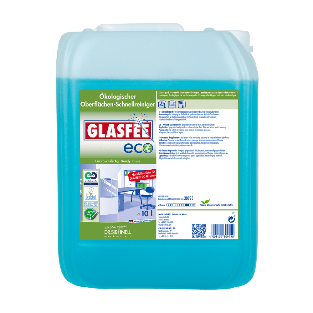 A transparent plastic container with blue liquid inside bears the inscription "Dr. Schnell GlasFee Eco" in green and red lettering. The label on the front highlights its function as an ecological surface quick cleaner and displays environmentally friendly symbols. The container is perfect for residue-free cleaning and has a practical carrying handle on the top.