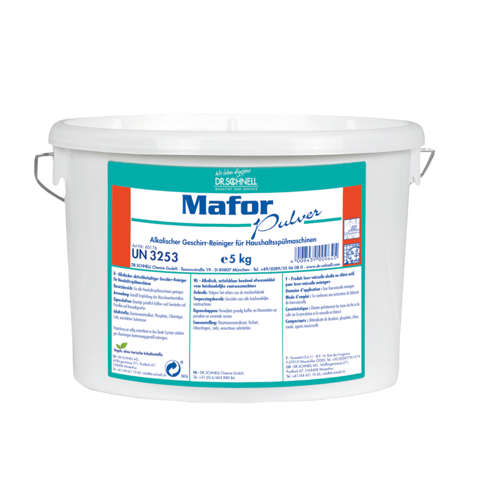 In the white can with the label “Dr. Schnell MAFOR POWDER” and blue-green design, the alkaline powder cleaner from DR.SCHNELL GmbH & Co. KGaA is optimally suited for household dishwashers and ensures impeccable cleaning results with a net weight of 5 kg.