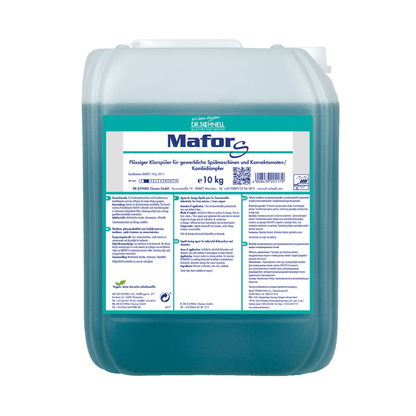 A 10 kg container Dr. Schnell MAFOR S acidic rinse aid for commercial dishwashers from DR.SCHNELL GmbH & Co. KGaA contains a blue-green solution visible through the translucent packaging. The label includes product information and usage instructions in German and proudly displays the EU Ecolabel, confirming its environmentally friendly properties.