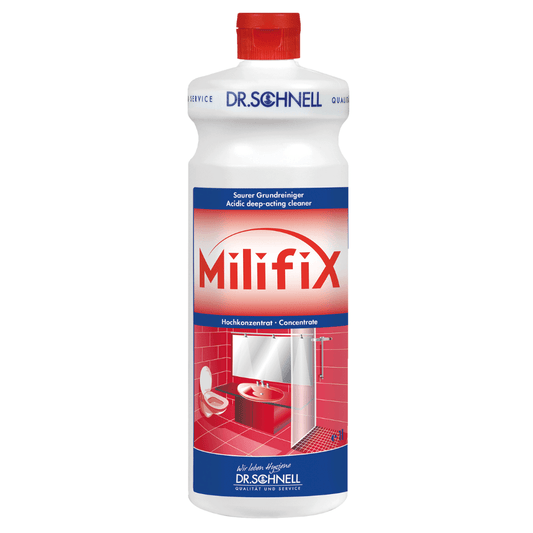 Dr. Schnell MILIFIX Acidic Deep Cleaner by DR.SCHNELL GmbH & Co. KGaA is the ideal choice for industrial and post-construction cleaning and features a red and white label with images of a toilet and a sink. It contains multilingual descriptions that highlight its role as an acidic deep cleaning concentrate for various surfaces.