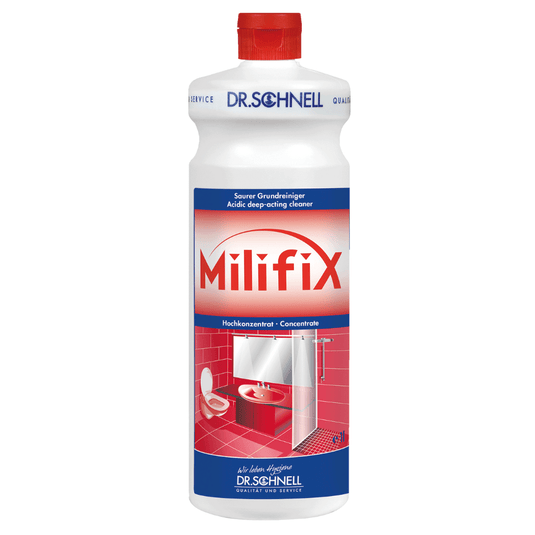 Dr. Schnell MILIFIX Acidic Deep Cleaner by DR.SCHNELL GmbH & Co. KGaA is the ideal choice for industrial and post-construction cleaning and features a red and white label with images of a toilet and a sink. It contains multilingual descriptions that highlight its role as an acidic deep cleaning concentrate for various surfaces.