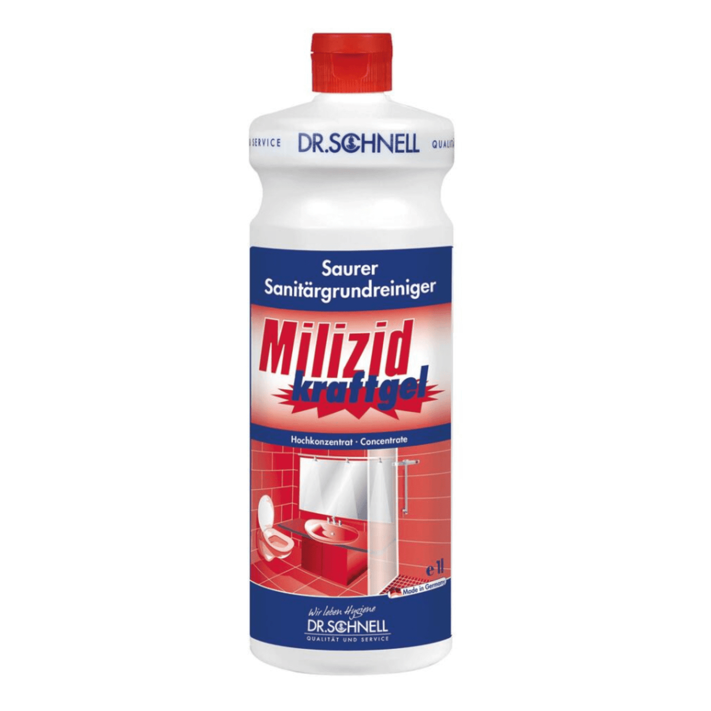 A white 1-liter bottle Dr. Schnell MILIZID power gel sanitary cleaner (DR.SCHNELL GmbH & Co. KGaA) with a red cap; the label shows bathroom fixtures and indicates that it is a highly acidic cleaner for thorough sanitary cleaning.